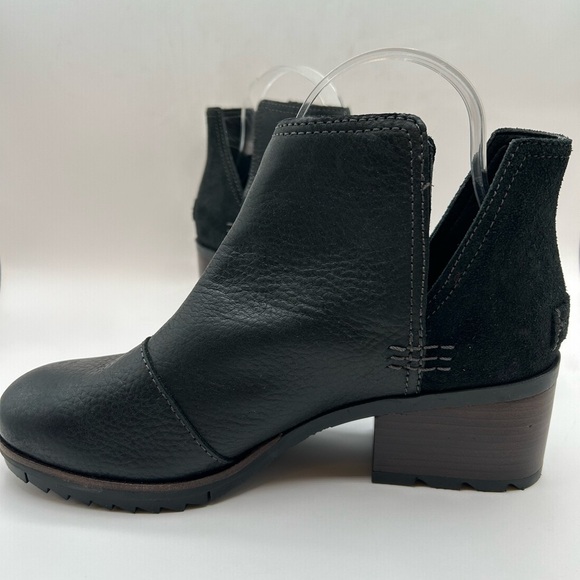 Sorel Women's Cate Cut Out Ankle Boot Black Leather & Suede Stack Heel Size 7.5 - Picture 4 of 12